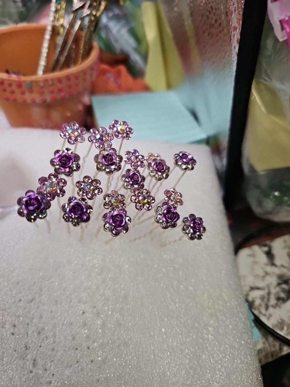 Hair Stick Pins Mixed Lot Of 20 Purple Rose Halo Pink Daisy Rhinestones Floral